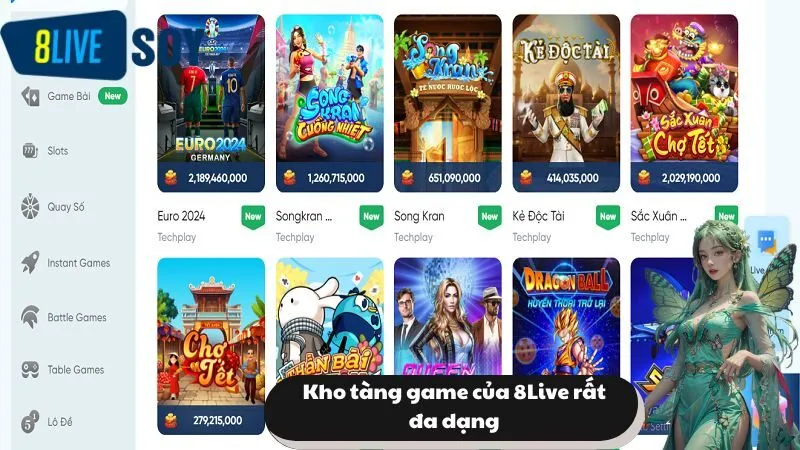 Kho tàng game của 8Live rất đa dạng
